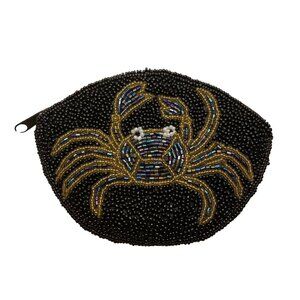 Handmade Women’s Metallic Black & Gold Beaded Crab Zipper Pouch